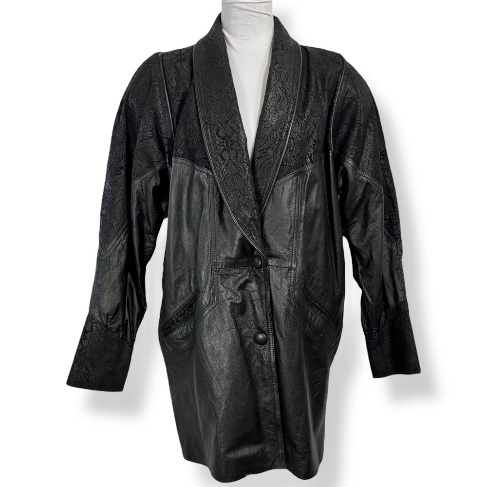 Vintage Long Oversized Black Leather Jacket Size S Embossed Statement Blazer